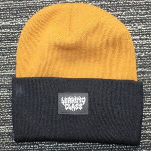 Lurking Class by Sketchy Tank Box Logo Beanie in a two-tone mustard and black